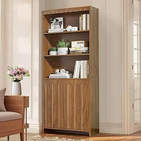 Mid century narrow bookcase adjustable 5 shelf wooden book with doors 61 inch display case cabinet slim walnut library