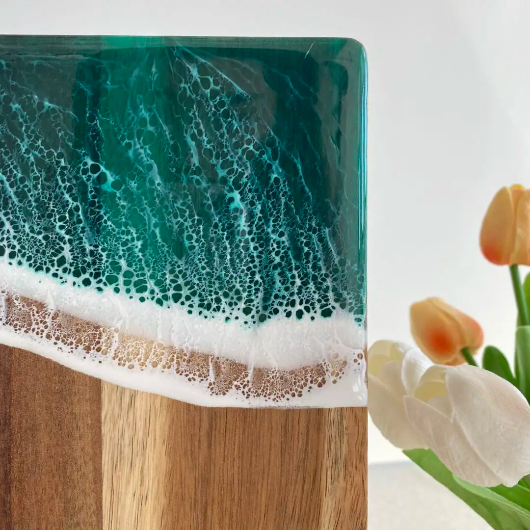 Acacia wood cutting board with resin wave & sea epoxy ocean pan for kitchen meal prep serving tray cheese cutting