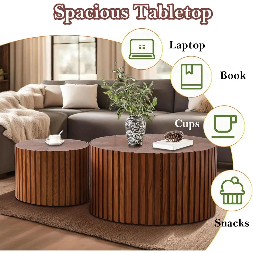 Handcraft round nesting coffee table - chic wave stripe edge modern stylish walnut wooden circle fluted center