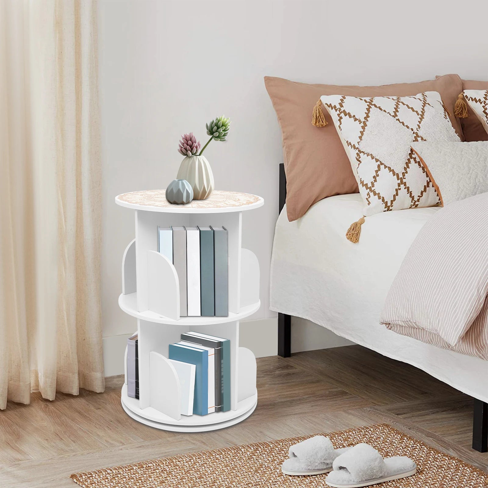 2/4-tier wooden rotatable bookshelf - 360°display floor standing storage rack white multifunctional organizer