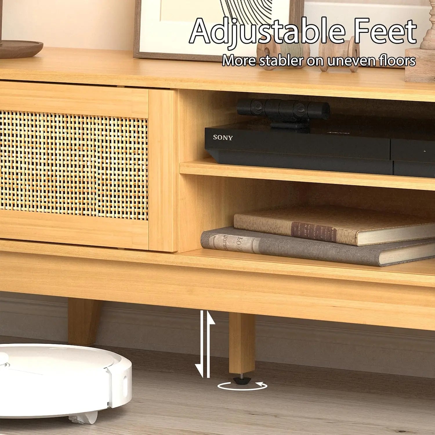 Boho tv stand for 55 65 inch rattan entertainment center with shelves cabinets and sliding doors media console table