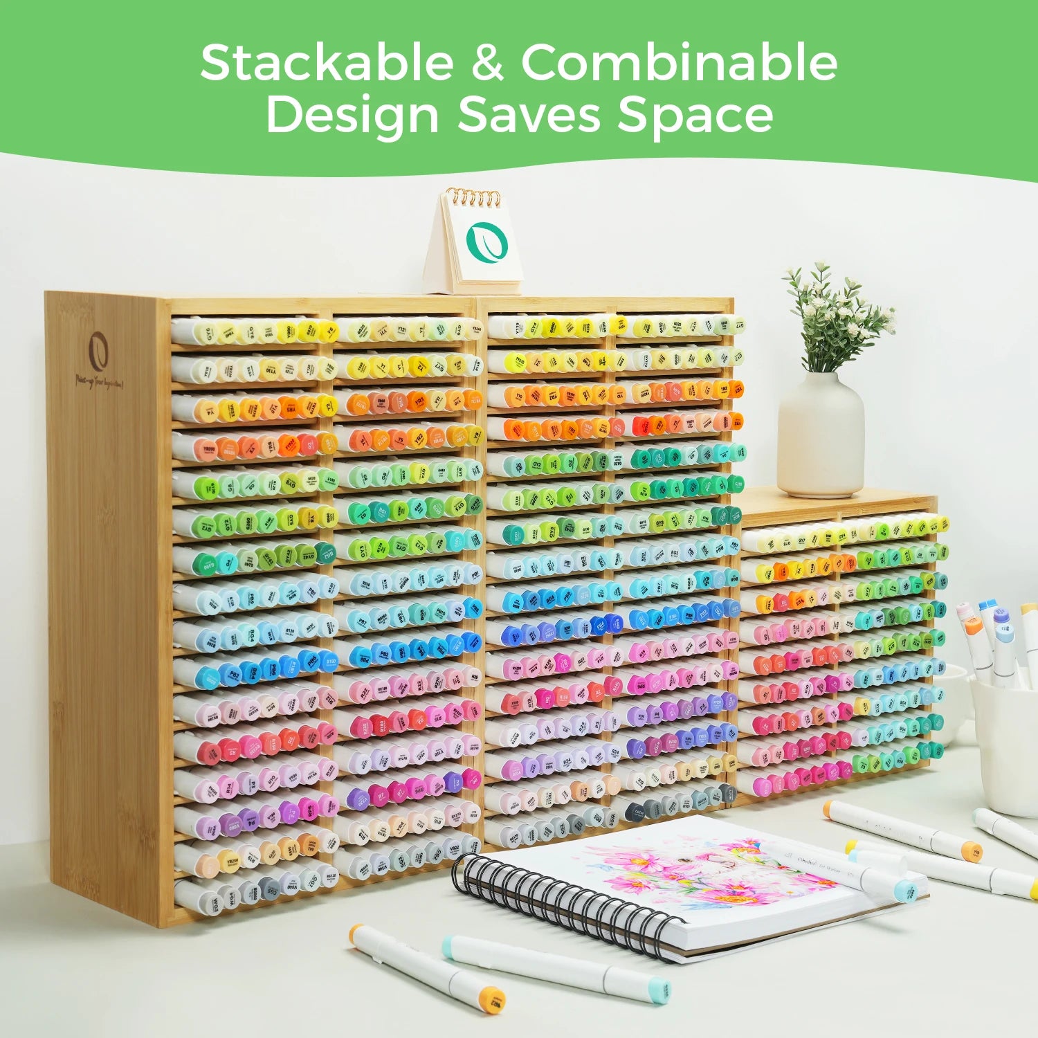 Ohuhu bamboo marker organizer wooden desktop storage hold 126 markers pens pencils art brushes stationary pen holder