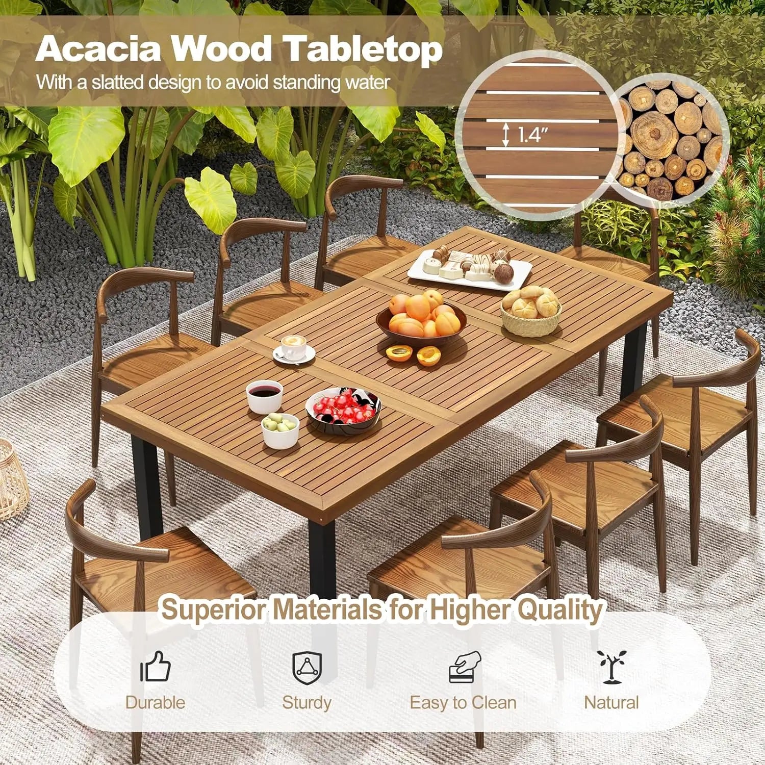 79 inch acacia wood dining table patio for outdoors & indoors rustic rectangular bistro with 1.9” umbrella hole