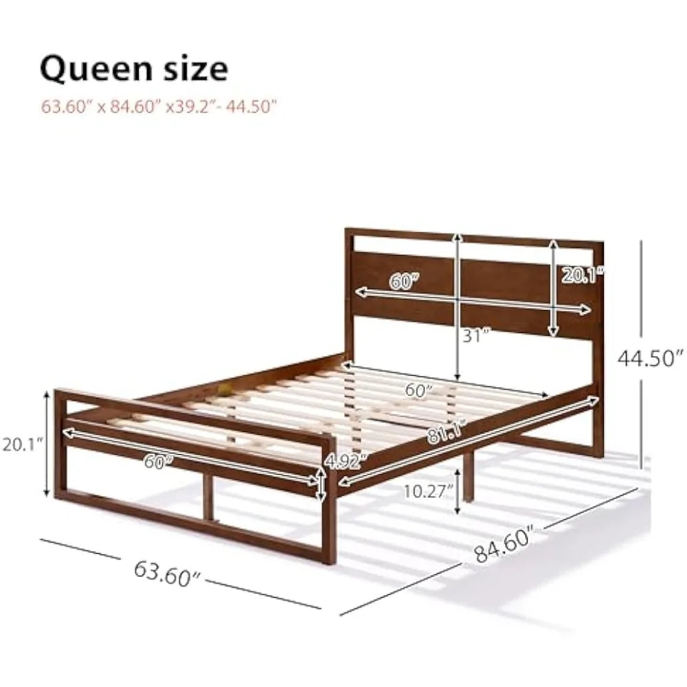 Retro-style wooden queen bed frame with headboard and slat support - walnut brown / united states