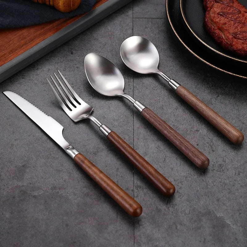 Stainless steel knife fork spoon walnut handle western tableware high-value japanese retro wooden - set