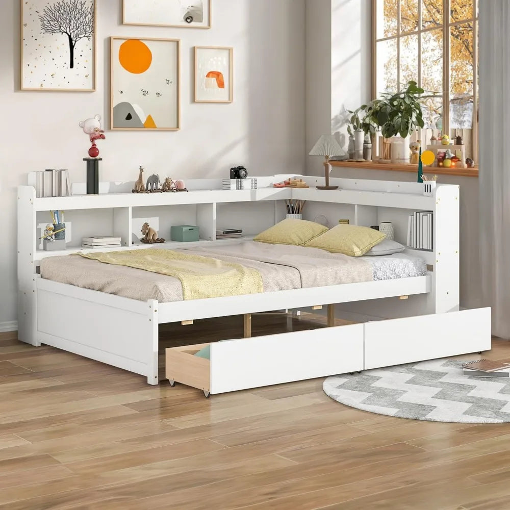 Full size daybed with storage and drawers l-shaped corner bed frame bookcase headboard solid wood captains