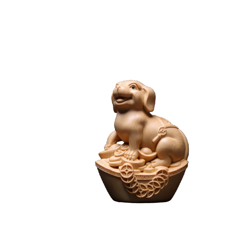 Hand-carved hinoki wood zodiac animal figurine - 6’’ chinese feng shui sculpture home decor collectible art gift - dog