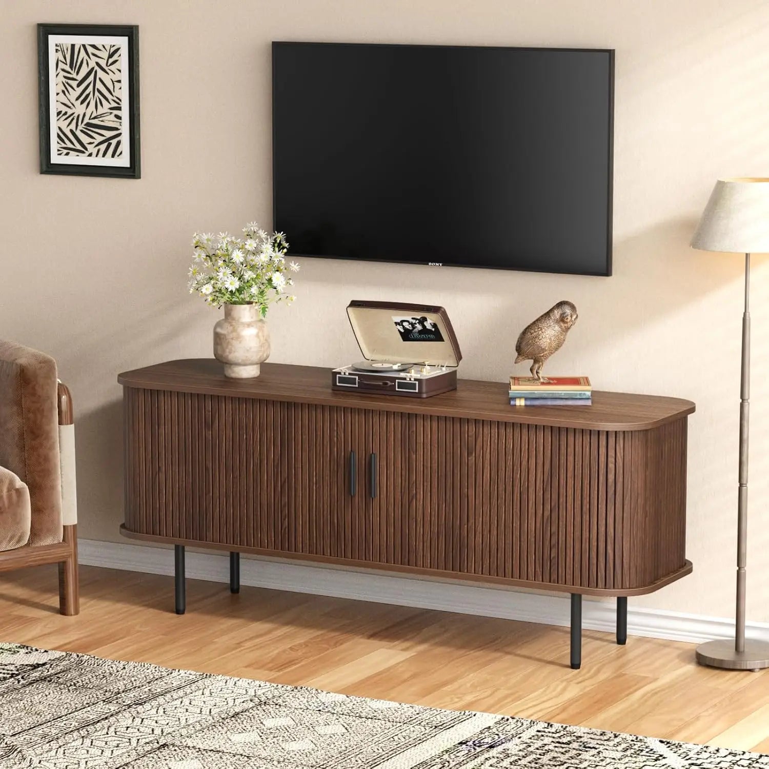 Vabches tv stand for up to 65 inch tvs wood storage cabinet with fluted sliding door console table credenza living room