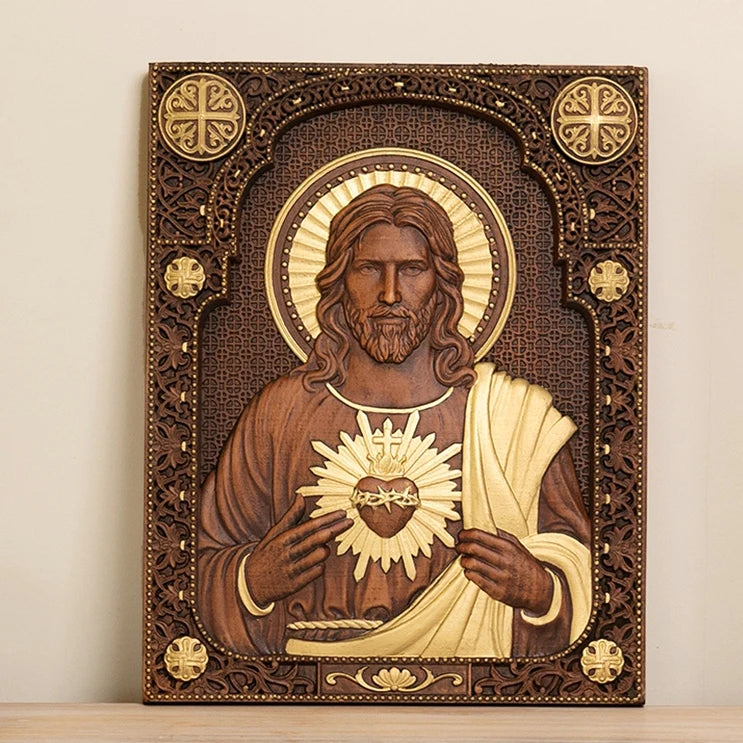 Sacred heart of jesus catholic statue religious wooden plaque wall hanging church room home and decoration christmas