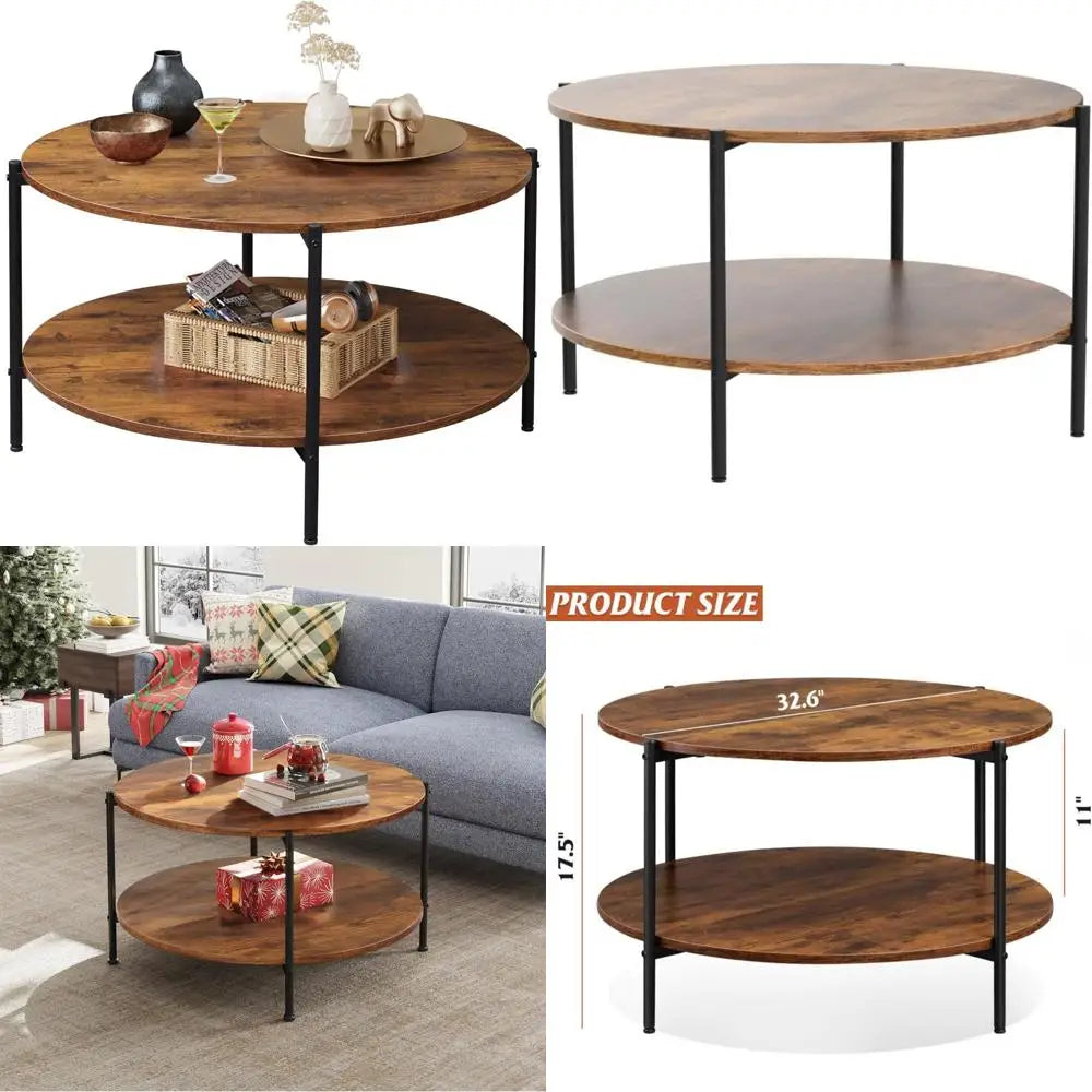 Two-tier circular wood coffee table with storage shelf 32.6 for living room and apartments - rustic brown / united