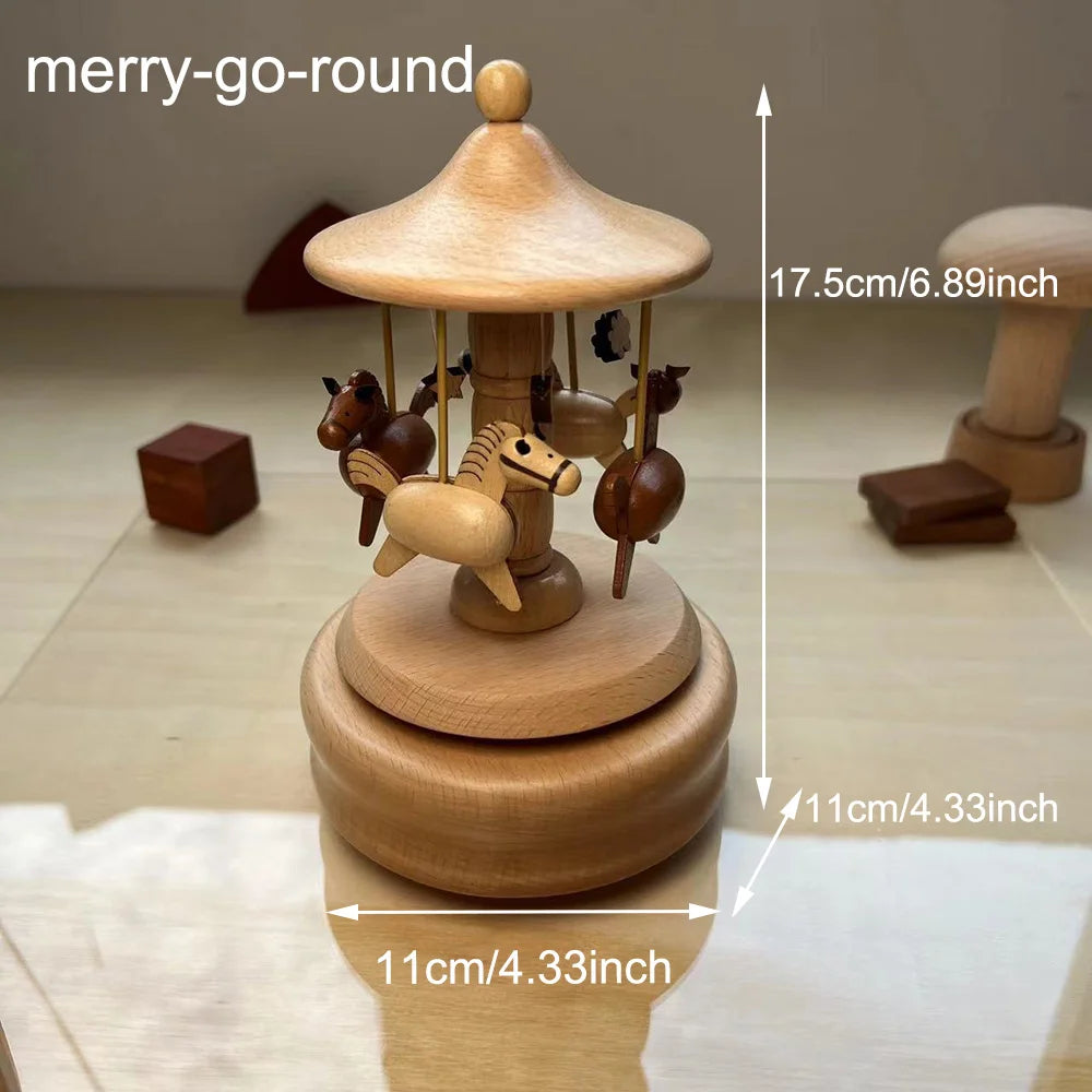 Cottage garden castle car woodgrain wind-up musical figurine wooden creative music box carousel train birthday gifts