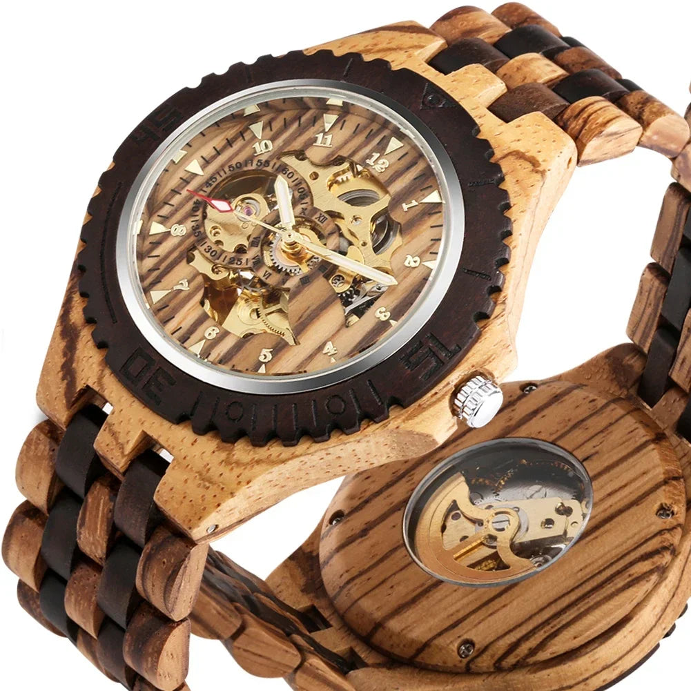 New full wooden automatic men watches gold analog arabic numerals display wood bracelet wristband self-winding male