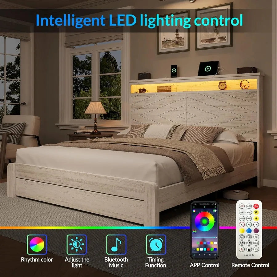 King size bed frame with 2 storage drawers and headboard wooden platform led lights charging station easy as - united
