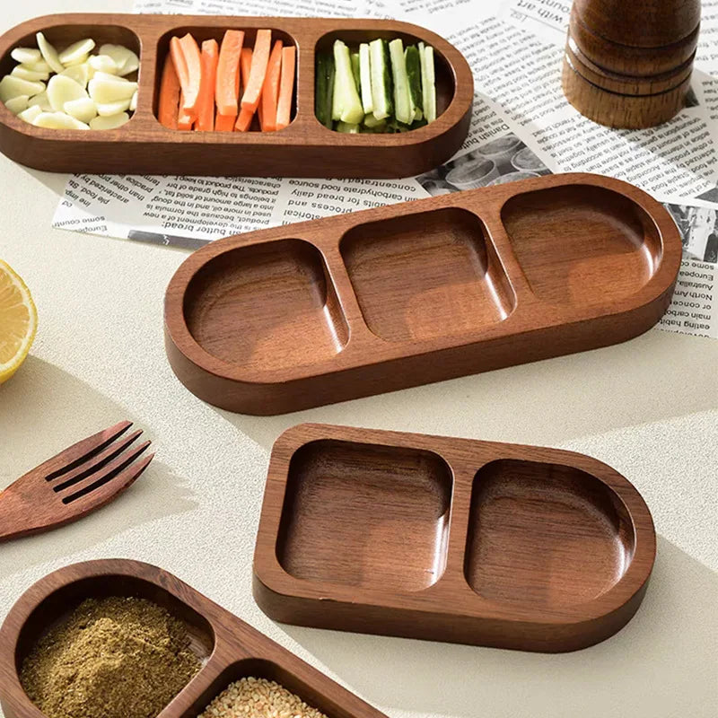 Solid wood rectangle tray 2/3 grid condiment plate breakfast food sushi bread dessert sauce kitchen dinner seasoning