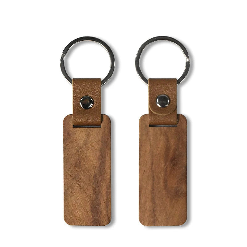 10-150pcs rectangular wood keychains blank pu leather keyrings pendant key chain