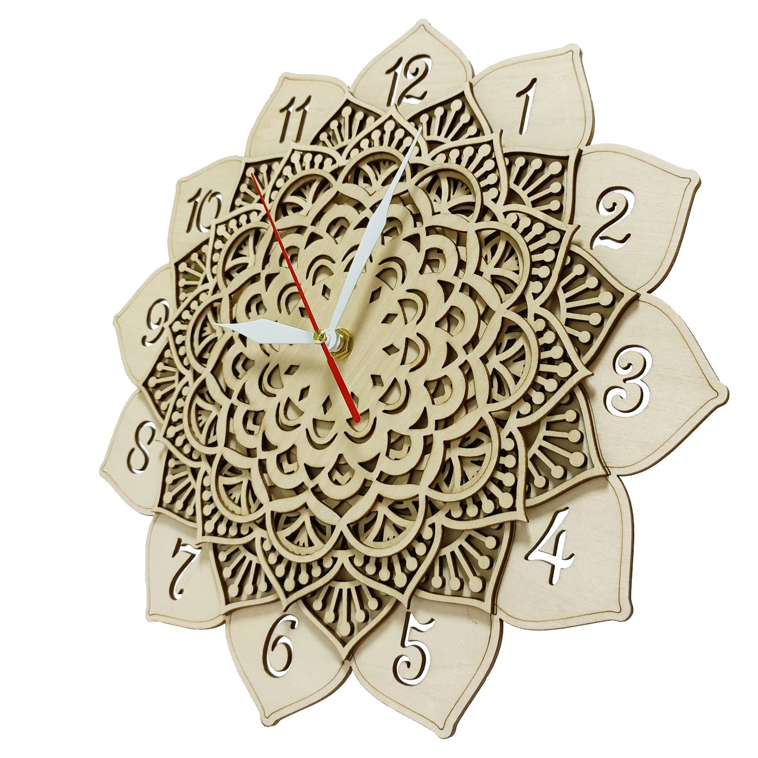 Mandala wooden wall clock for yoga studio floral art natural rustic home decor timepieces layered lotus silent quartz