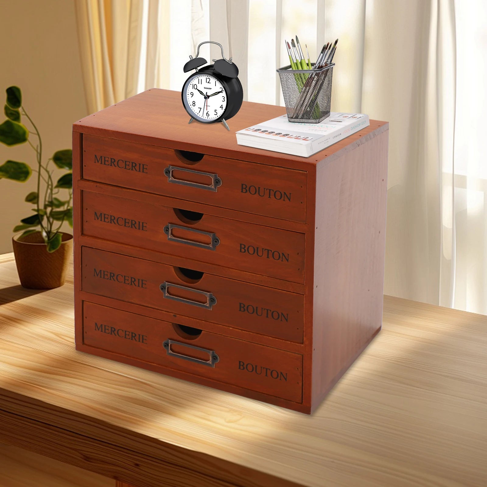 4-drawer vintage wooden organizer mini pine wood storage box desktop space-saving for cosmetics tea stationery - brown