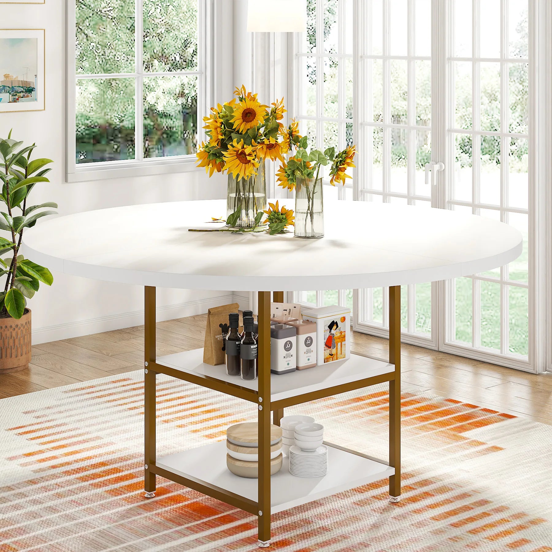 Tribesigns 47 inch round dining table for 4 wood kitchen large dinner with storage shelf home room - white / united