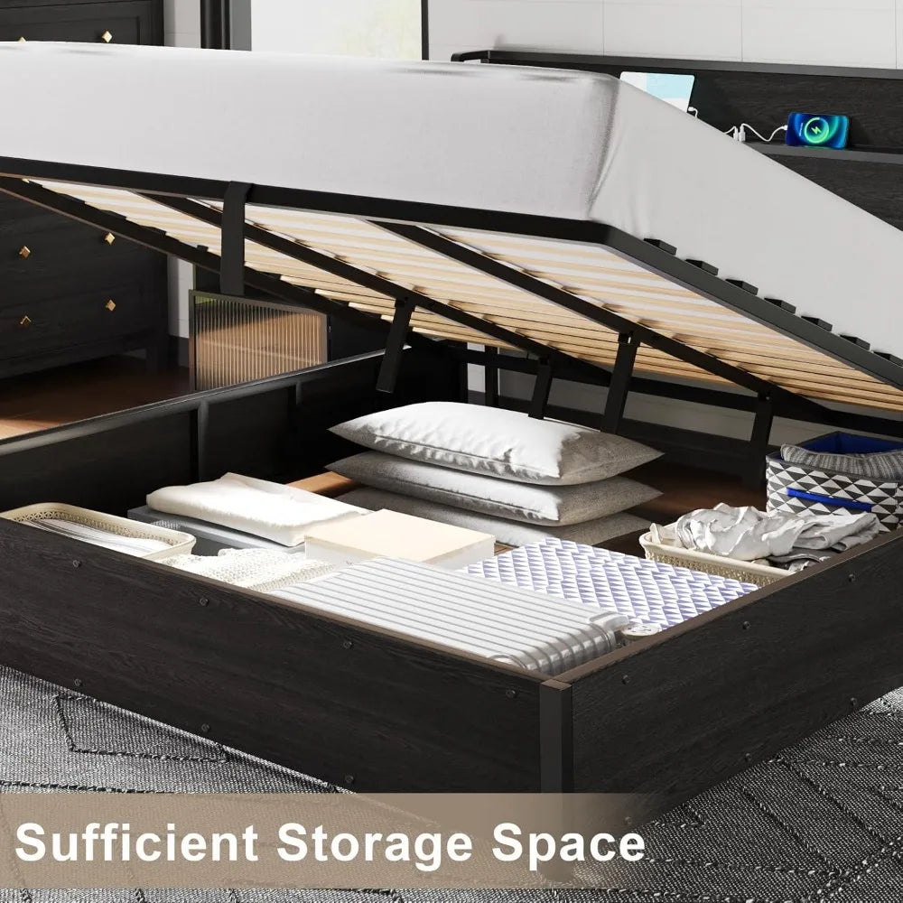 Amerlife king size lift up storage bed frame wooden platform with lifting & charging station no spring box n - united