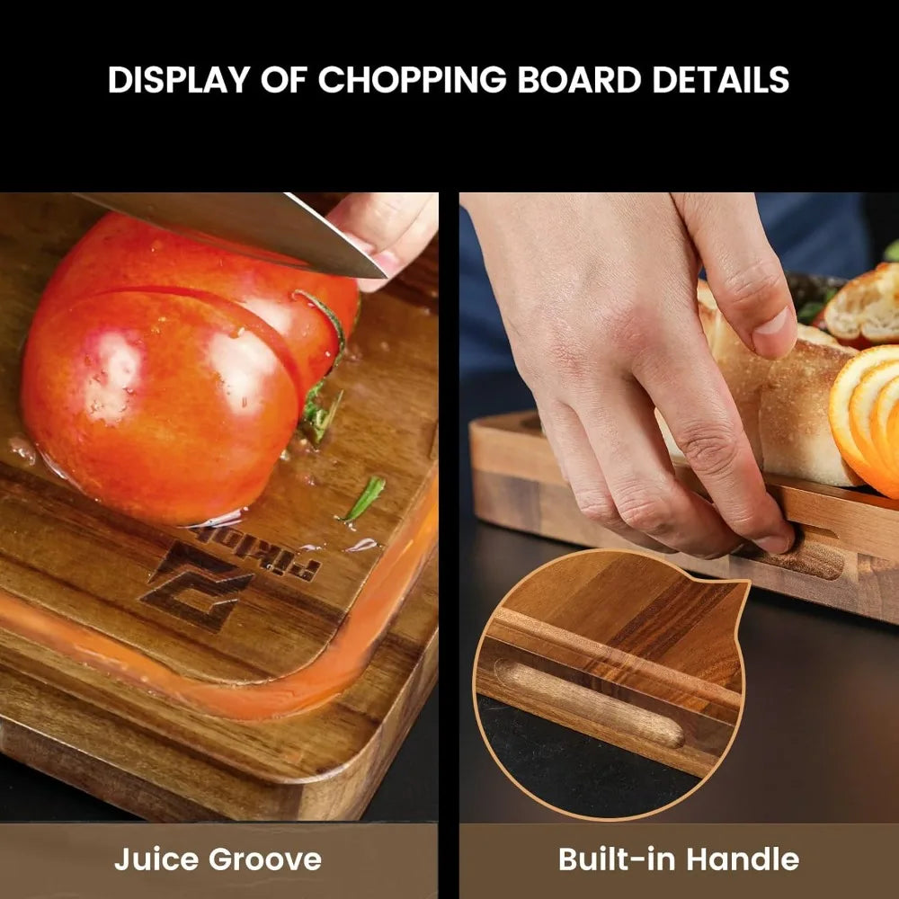 Cutting boards large set of 7 acacia wood charcuterie chopping board for kitchen with holder non slip feet plastic
