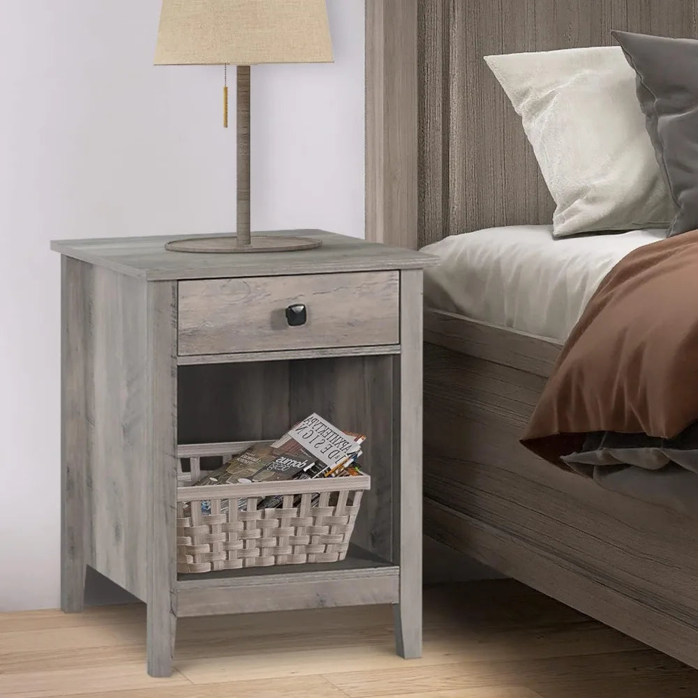 Nightstands - set of 2 wooden night stands bedside tables with drawers farmhouse style bedroom furniture (grey wood