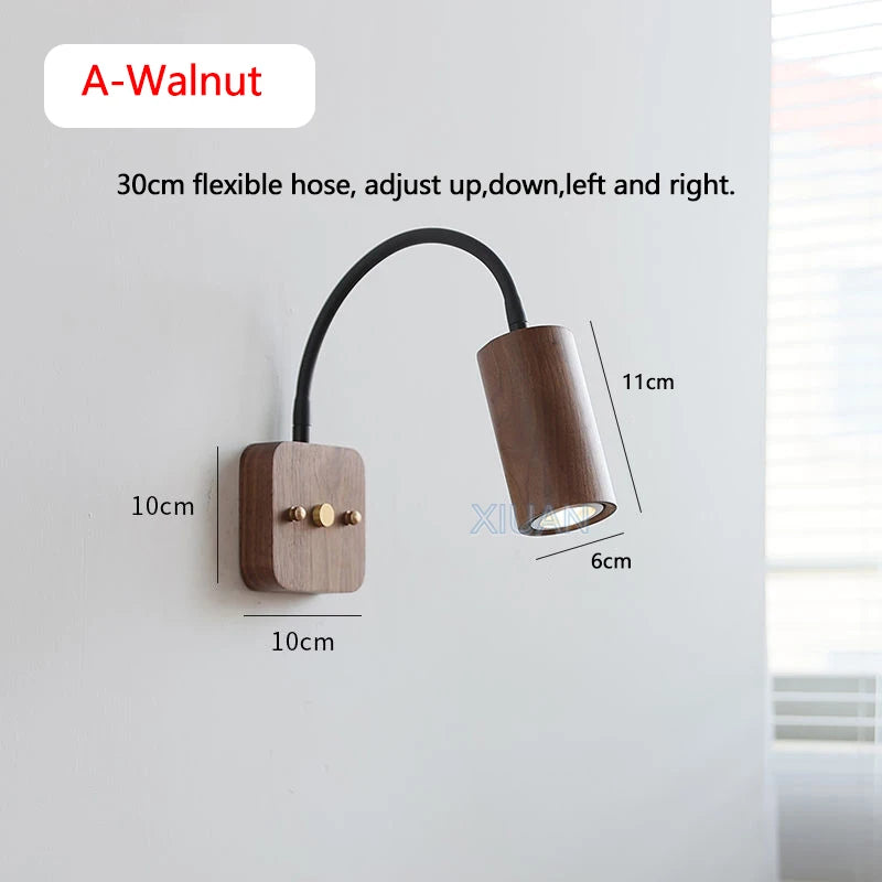 Vintage retro walnut wood color wall lights 360 degree rotatable lamp arm japanese bedroom bedside reading with switch
