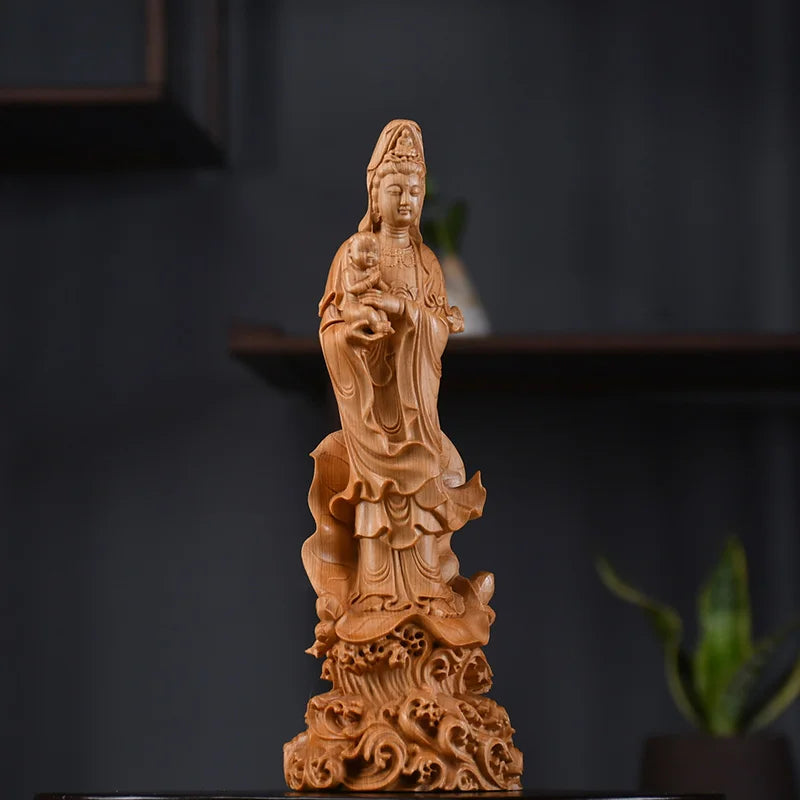 Natural cypress sending son guanyin statue - chinese buddhist character statue solid wood carving feng shui room