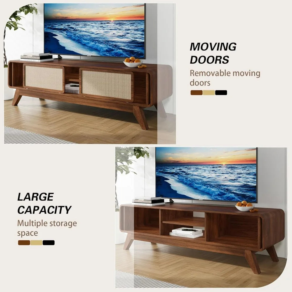 Mid century modern tv stand for tvs up to 65’’ farmhouse entertainment center with storage cabinet table nature linen