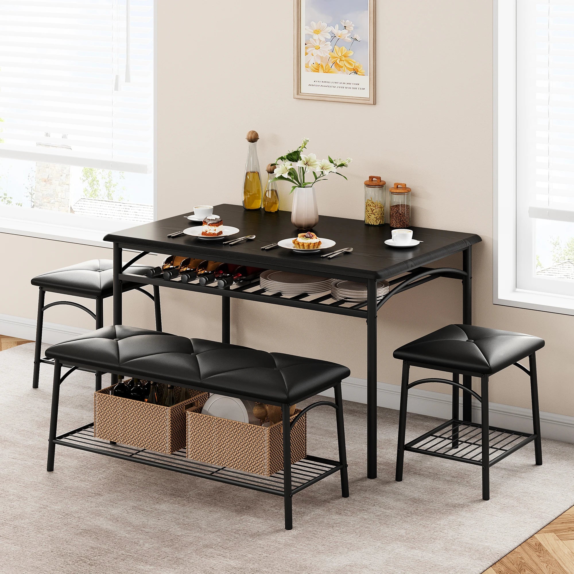 Dining table set for 4 kitchen with upholstered bench and square stools metal wood room