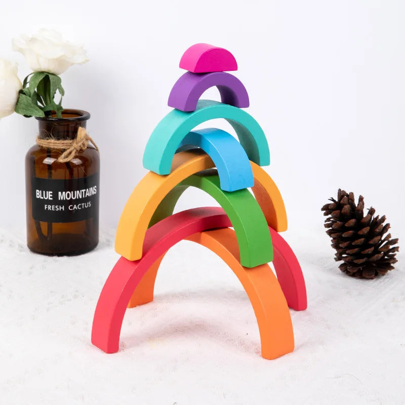 Montessori wooden rainbow stacking game,eight layers square/arch colorful stacker,color recognition building blocks