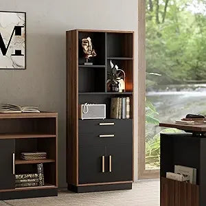 Book shelf with storage 59 inches tall bookshelf doors modern bookcase 5 cubes and 2 drawers wood for hom - black