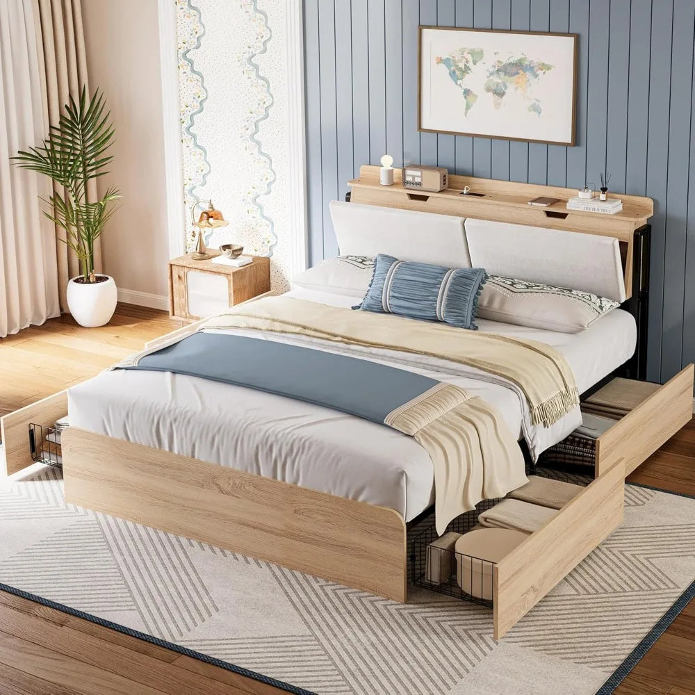 Likimio queen bed frames with hidden storage headboard camas charging station and 4 drawers sturdy noiseless n - united