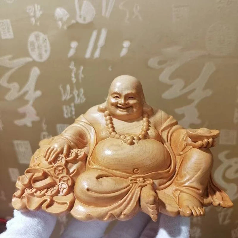 Natural cypress ingot maitreya buddha statue chinese characteristic wood carving home room office god of wealth