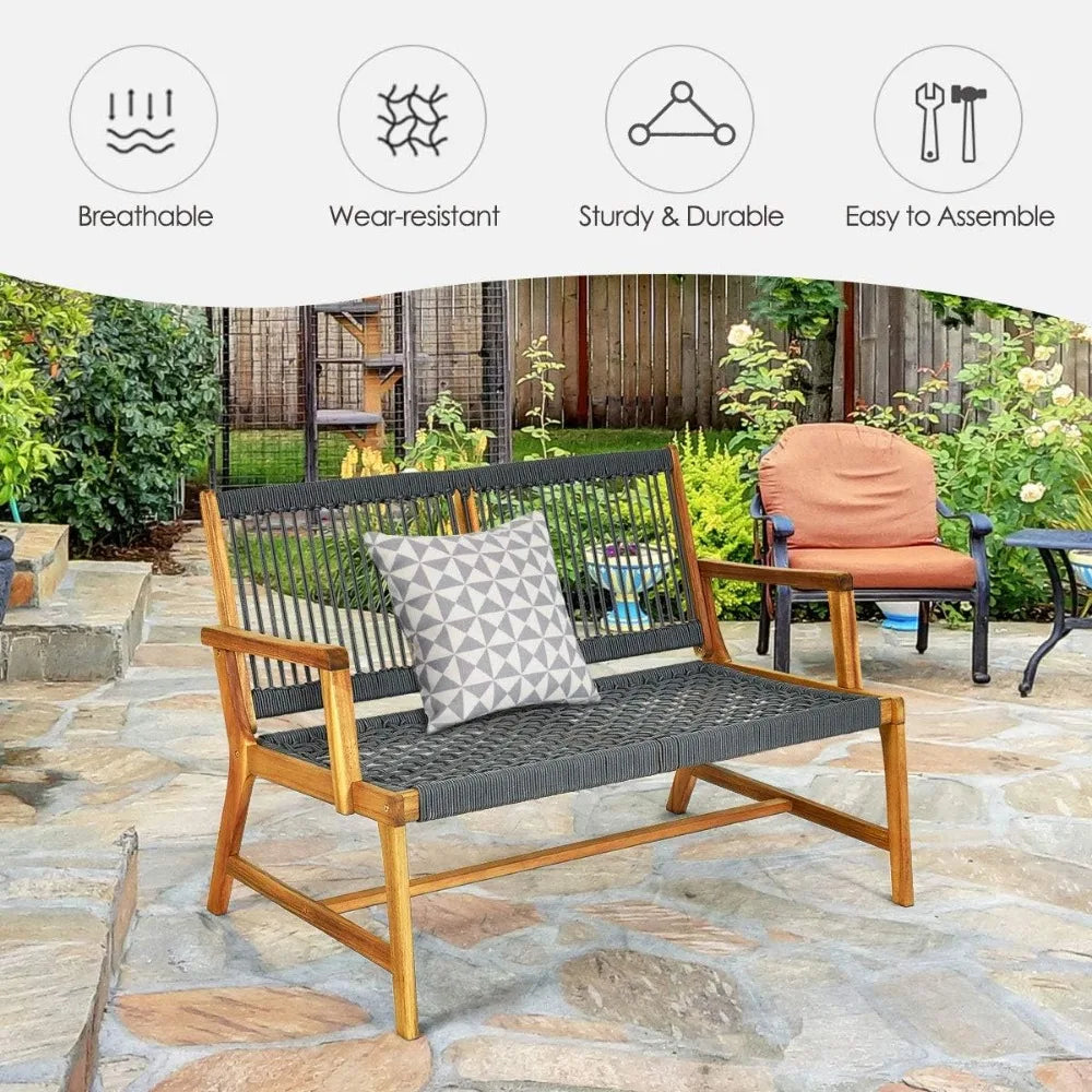 Acacia wood 2-person patio bench with teak oil finish outdoor rope loveseat for balcony deck poolside and porch - grey