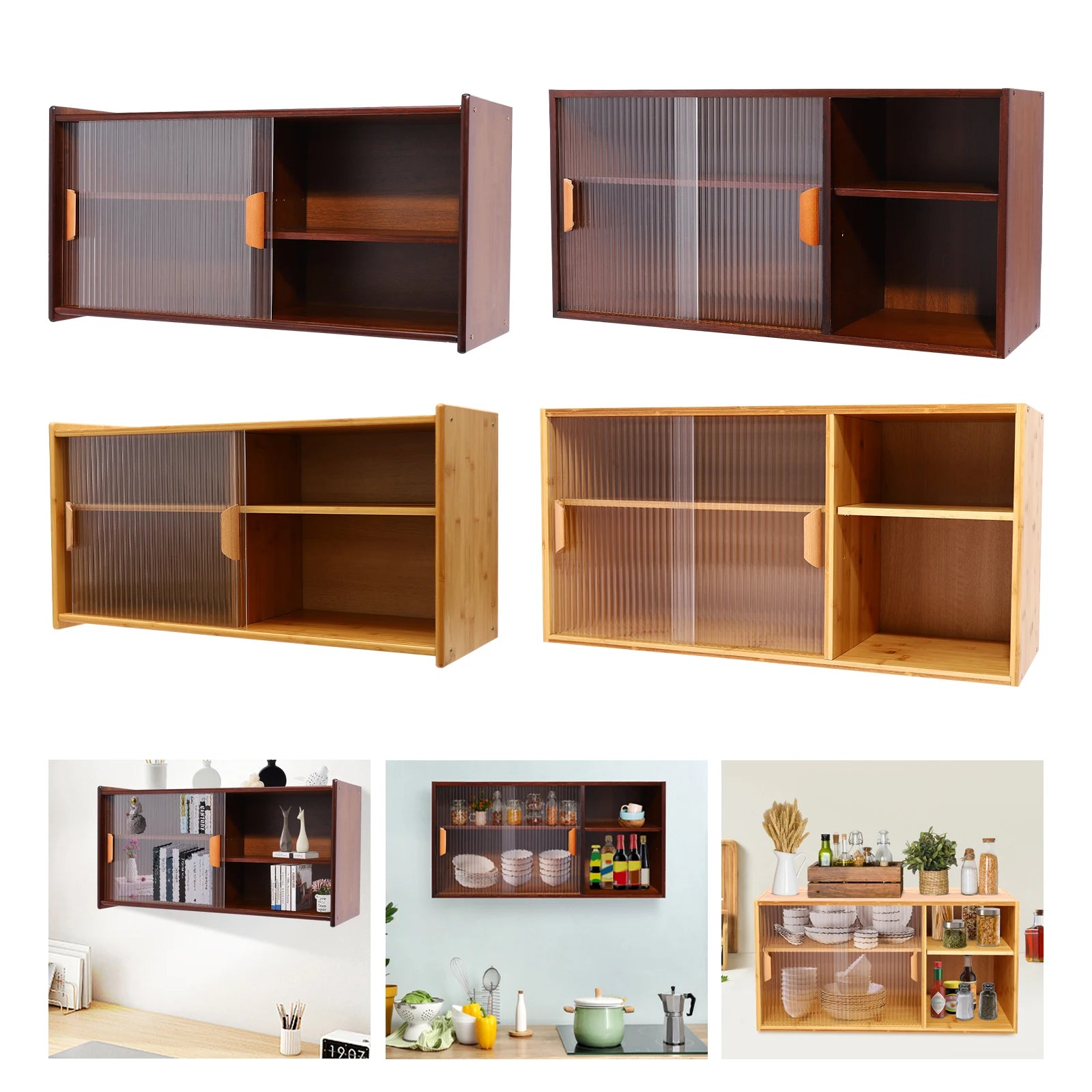 Wall mount bamboo wood pantry cabinet,77/80cm 2 tiers log color/walnut rectangular sideboard with glass doors