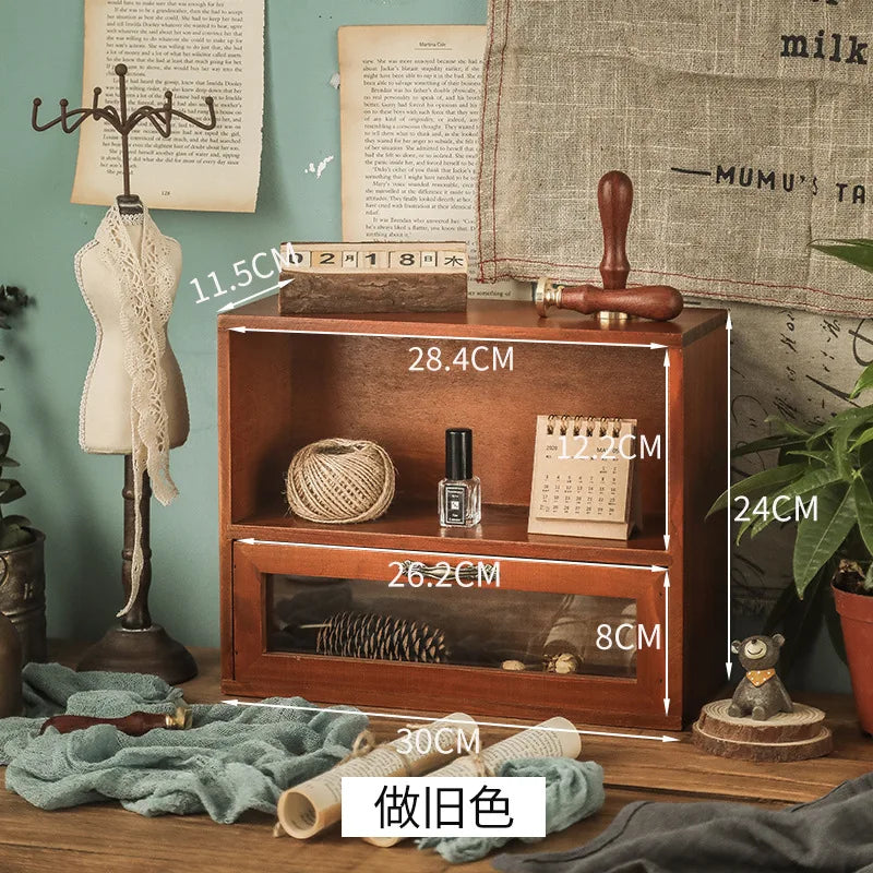 Retro wooden desk storage box multi-layer doll figure display stand desktop drawer type cosmetic jewelry decoration