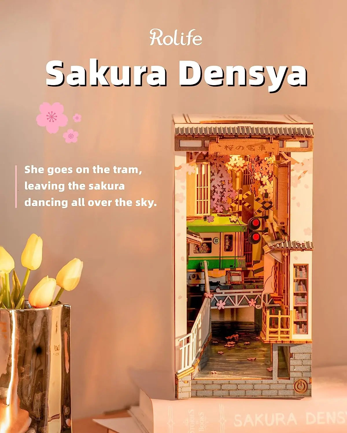 Robotime rolife diy book nook japanese sakura densya in books series wooden miniature house with furniture doll kits toy