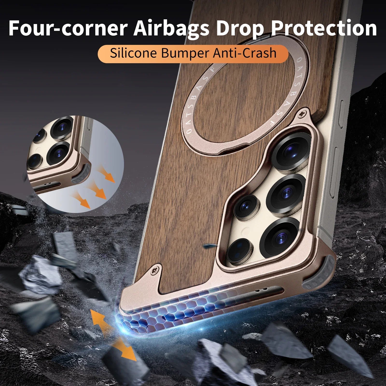 Oatsbasf wood phone case for samsung galaxy s25 s24 ultra with 360° rotatable stand wireless charging wooden protective