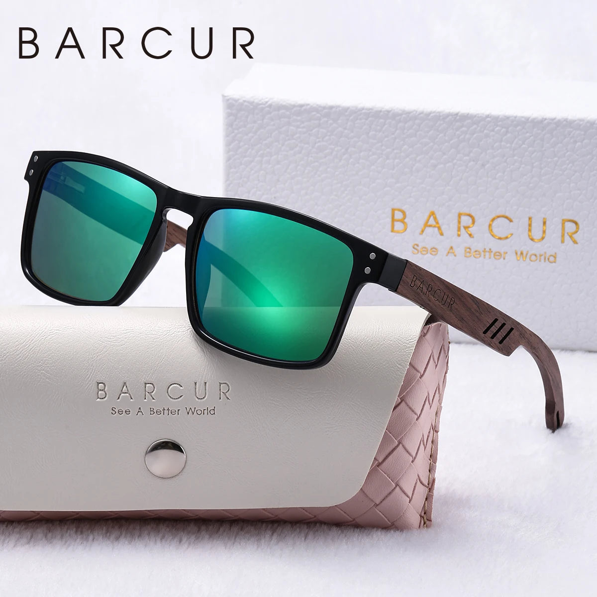Barcur fashion double round nail polarized sunglasses walnut foot spring hinge pure natural wooden uv women - green