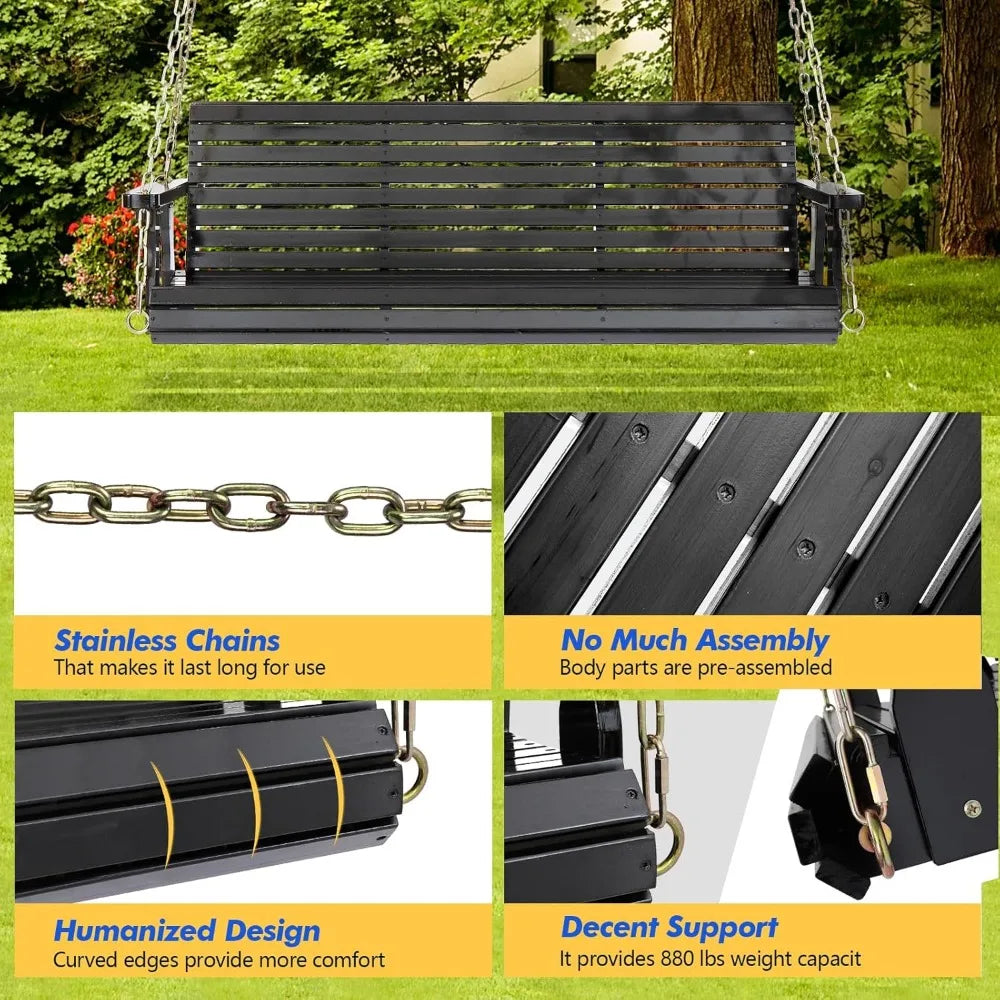 Upgraded patio wooden porch swing for courtyard & garden heavy duty 880 lbs chair bench with hanging chains outdoors