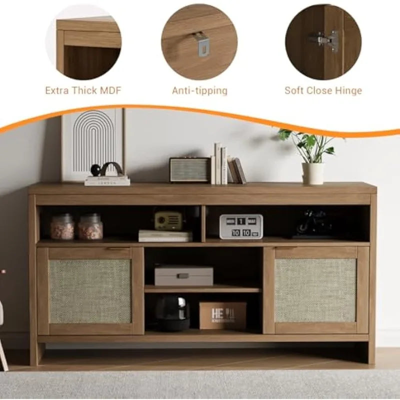 Rattan tv stand with storage place for living room brown console cabinet shelf 58’’ entertainment center med - united