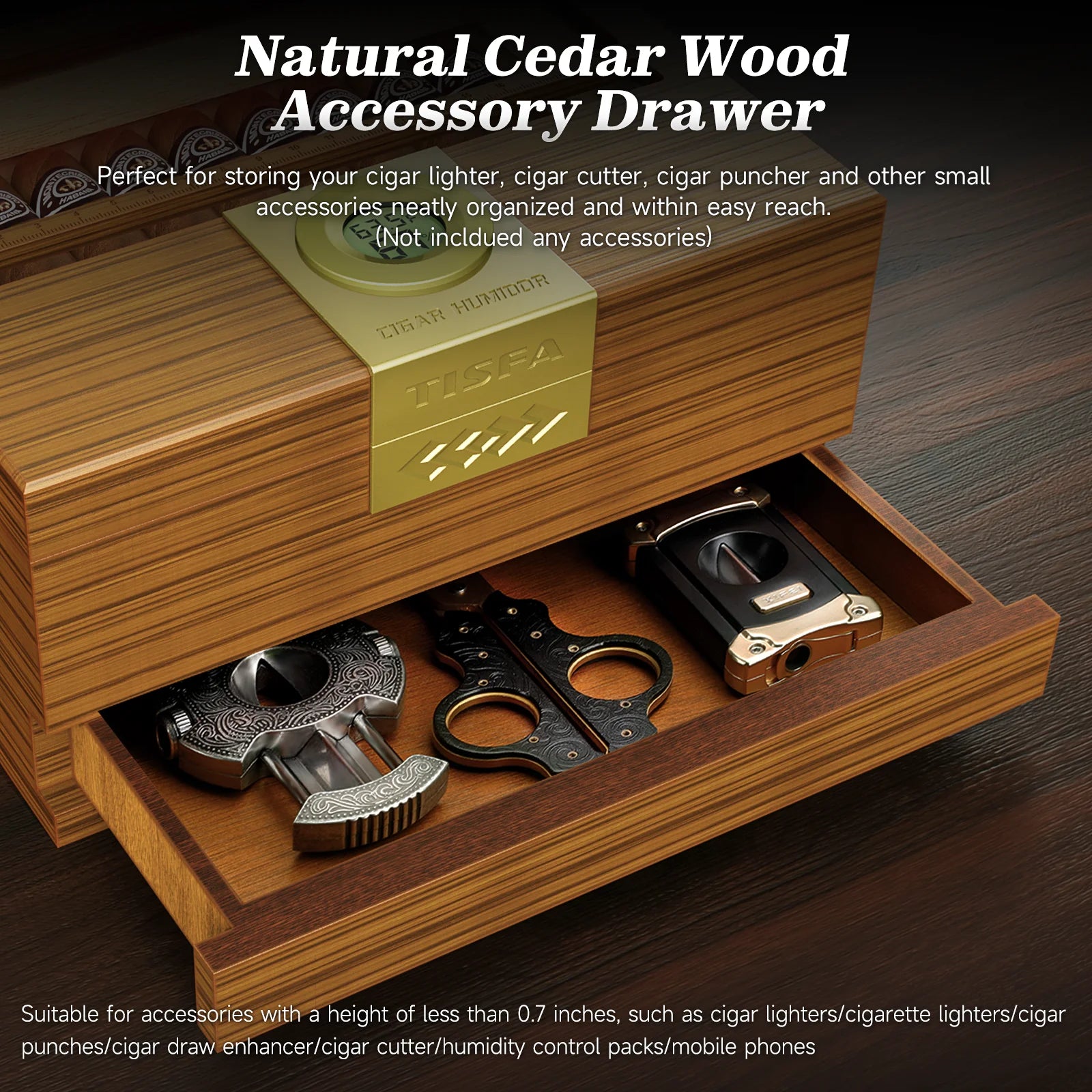 Cigar box humidor with hygrometer and humidifier cedar wooden case drawer divider length gauge desktop gift