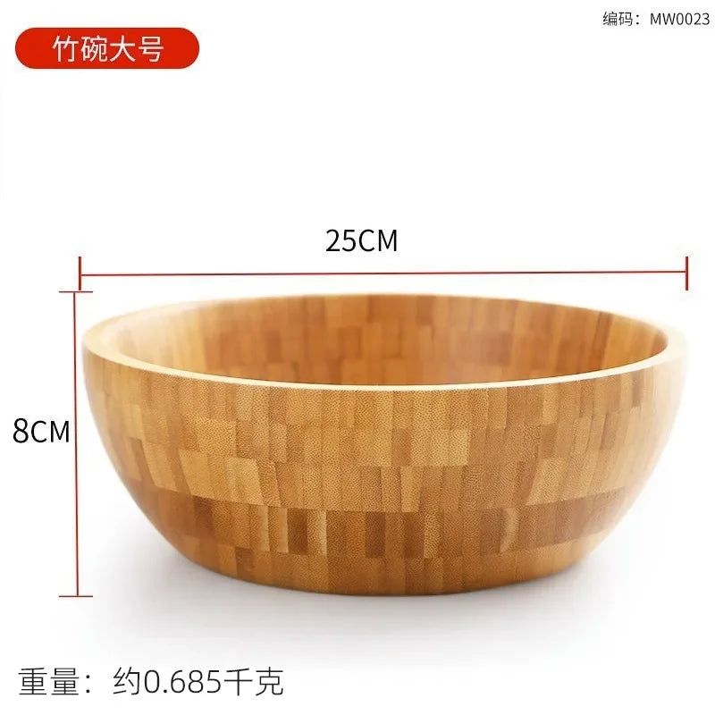 Bamboo salad bowl and noodle mixing large wooden tableware thickened natural material no paint wax - mw0023