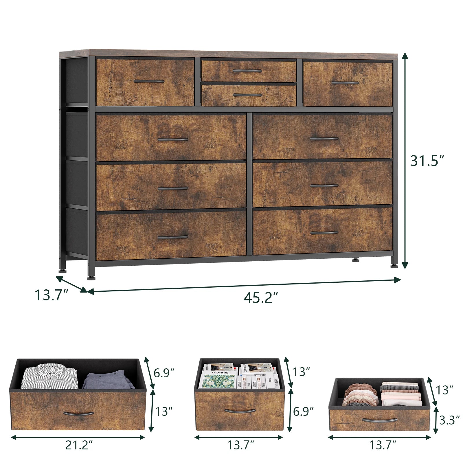 Drawer dresser tv stand for 47 to 55 inch wood top entertainment center with sturdy steel metal frame bedroom living