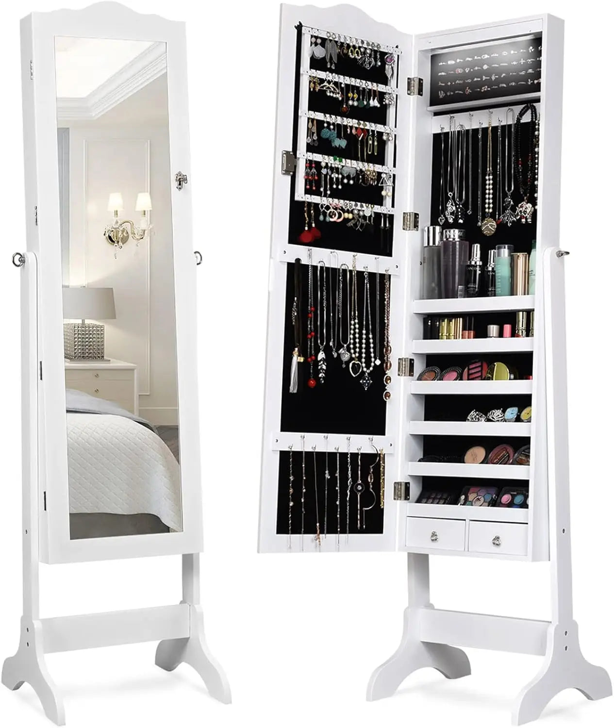 Jewelry armoire organizer with full length mirror 14 leds floor standing cabinet 2 drawers 4 adjustable angles - white
