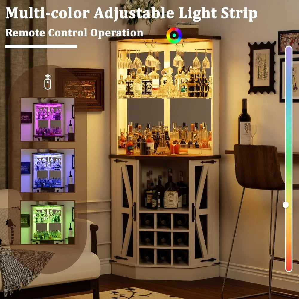 Farmhouse corner bar cabinet,modern wood freestanding wine with storage and holder tall hutch cabinet for home displ