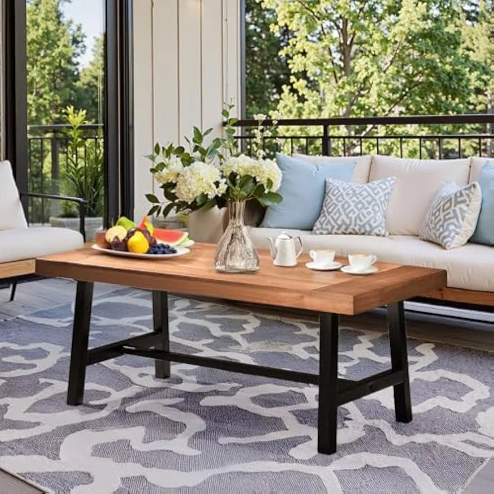 Durable metal frame outdoor wooden patio coffee table weather-resistant solid wood low for use - united states