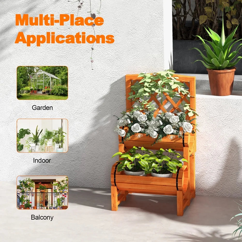 2-tier wooden raised garden bed with 2 cylindrical planter boxes and trellis climbing plants outdoor indoor