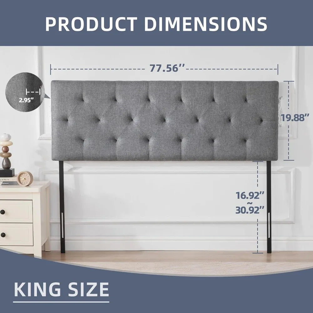 Upholstered headboard king size modern diamond tufting solid wood cali only adjustable height from 37” to - lightgray
