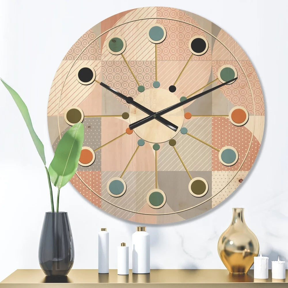 Mid-century modern wood wall clock geometric round textured pattern unique art natural pine ready to hang battery